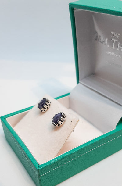 Sapphire Oval Crown Edge Stud Earrings