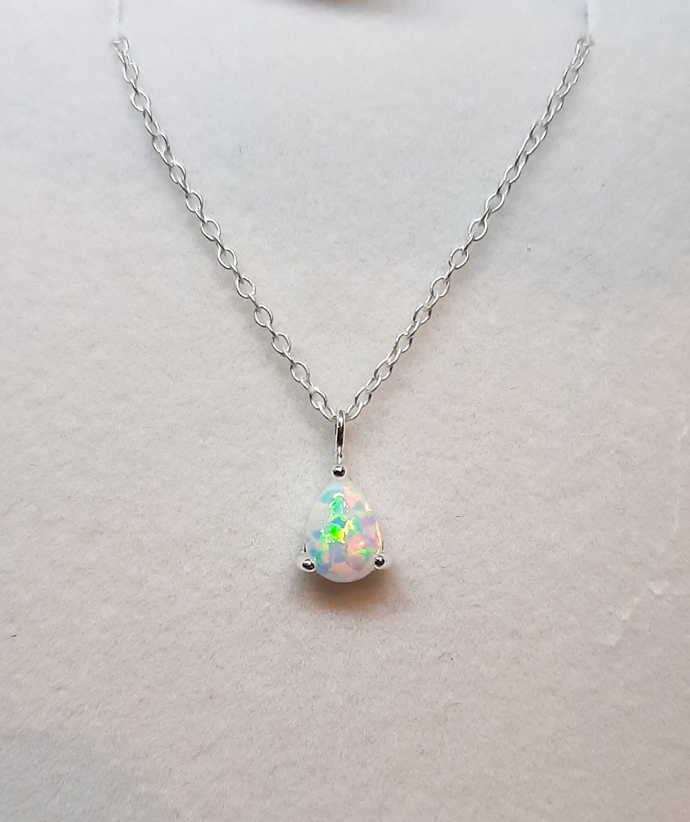 silver & white opal tear drop pendant & chain