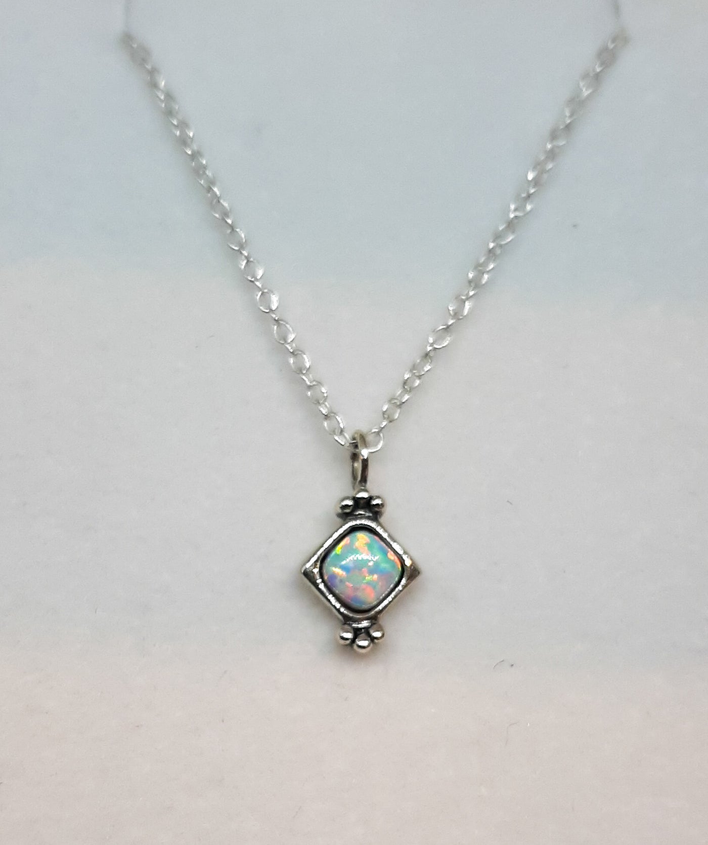 silver & white opal square stone in vintage setting with silver chain