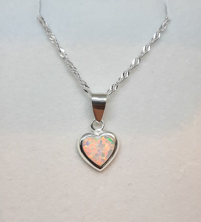 Silver & white opal heart pendant on silver twisted chain