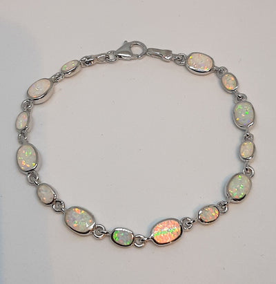 White opal & silver oval link bracelet