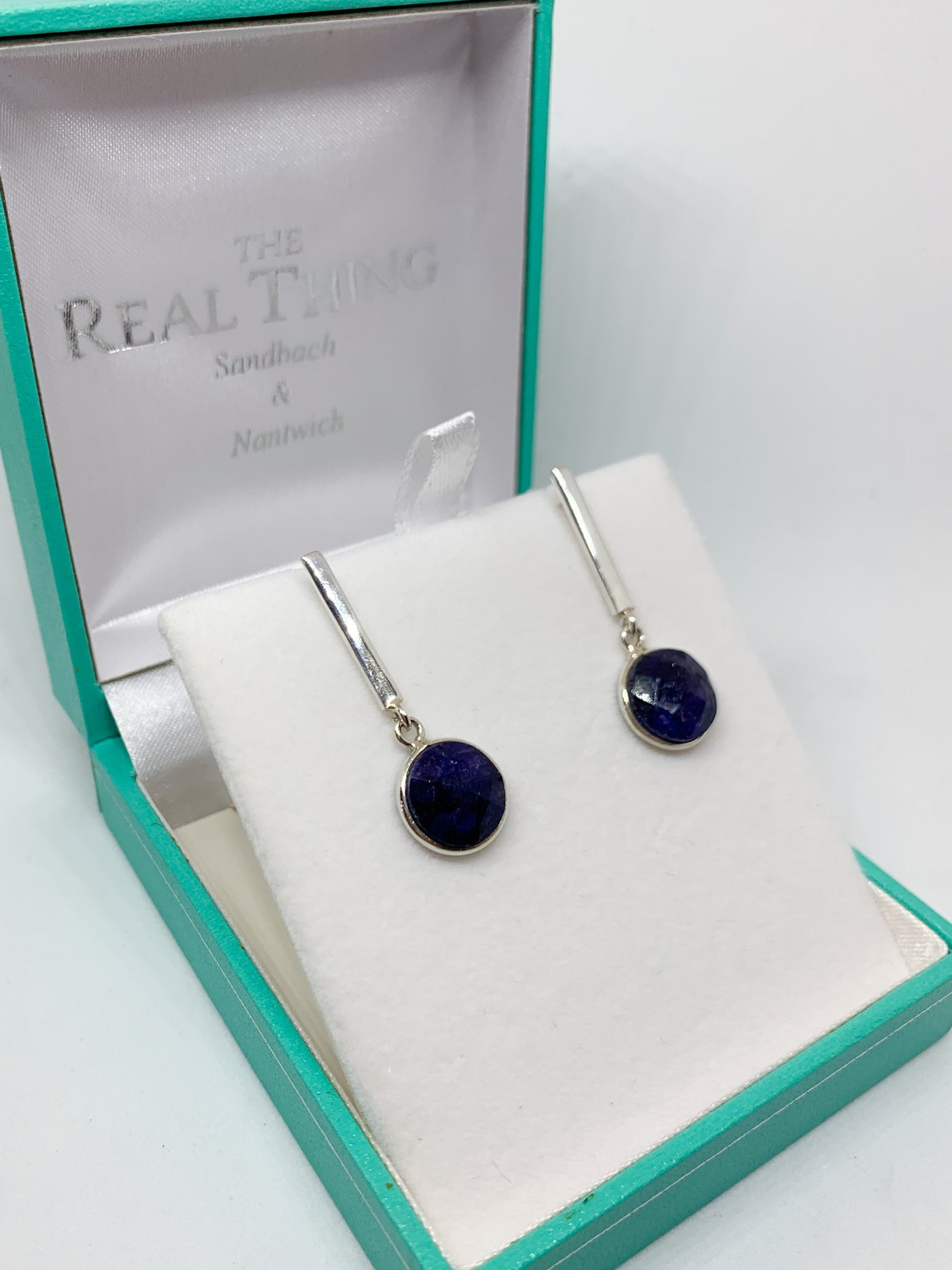 Sapphire Round Bar Drop Earrings