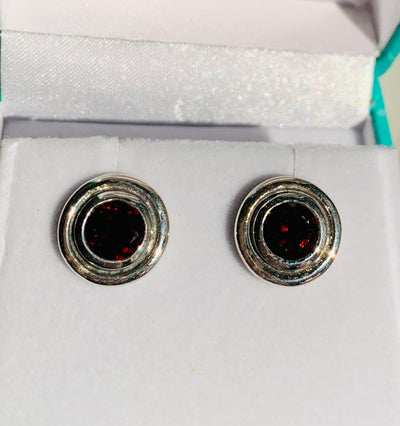 Round Garnet Double Surround Stud Earrings