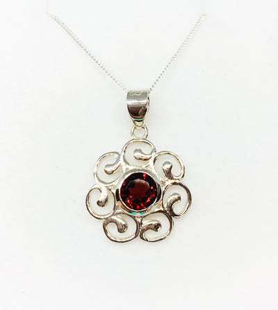 Silver Garnet Flower Pendant