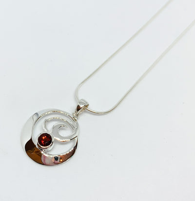 Garnet Silver Swirl Circle Pendant