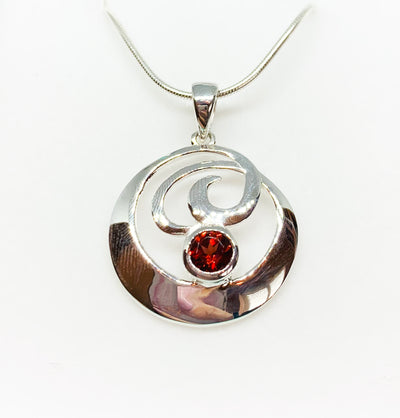 Garnet Silver Swirl Circle Pendant