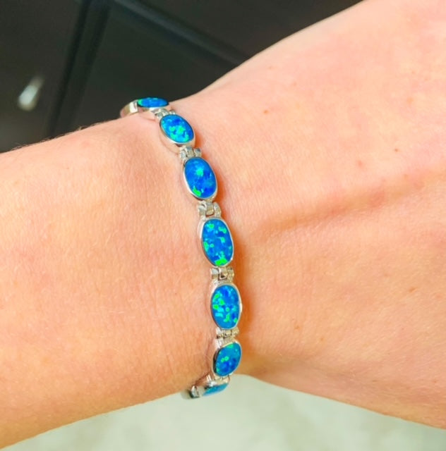 Blue Opal Solid Oval Link Bracelet