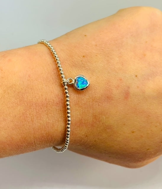 Blue Opal Heart Beaded Stretch Bracelet