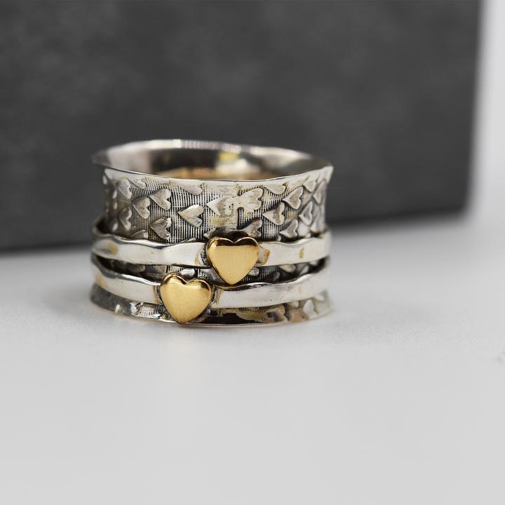 Silver Spinning Ring with Brass Hearts