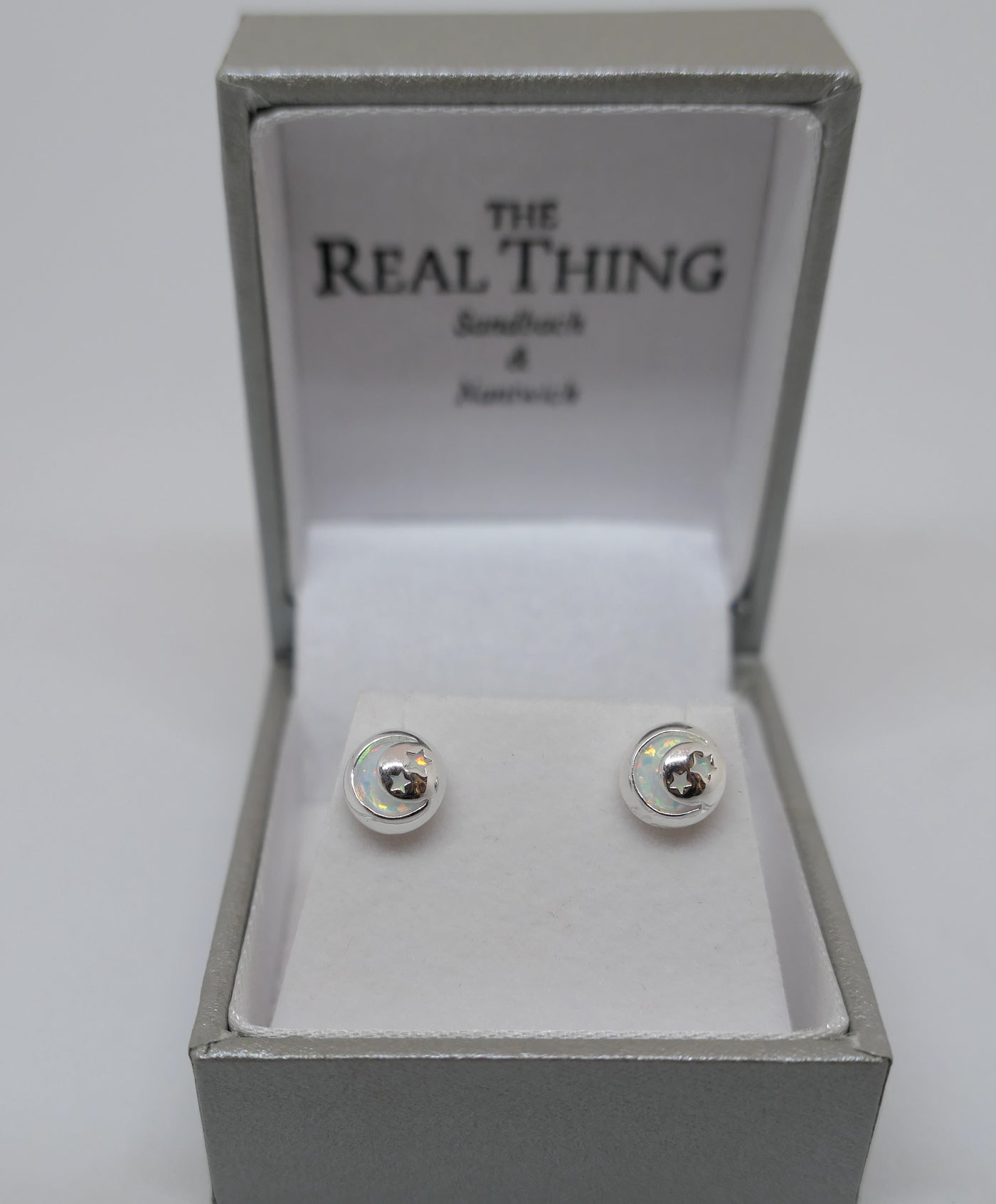 White Opal Moon & Star Dome Stud Earrings