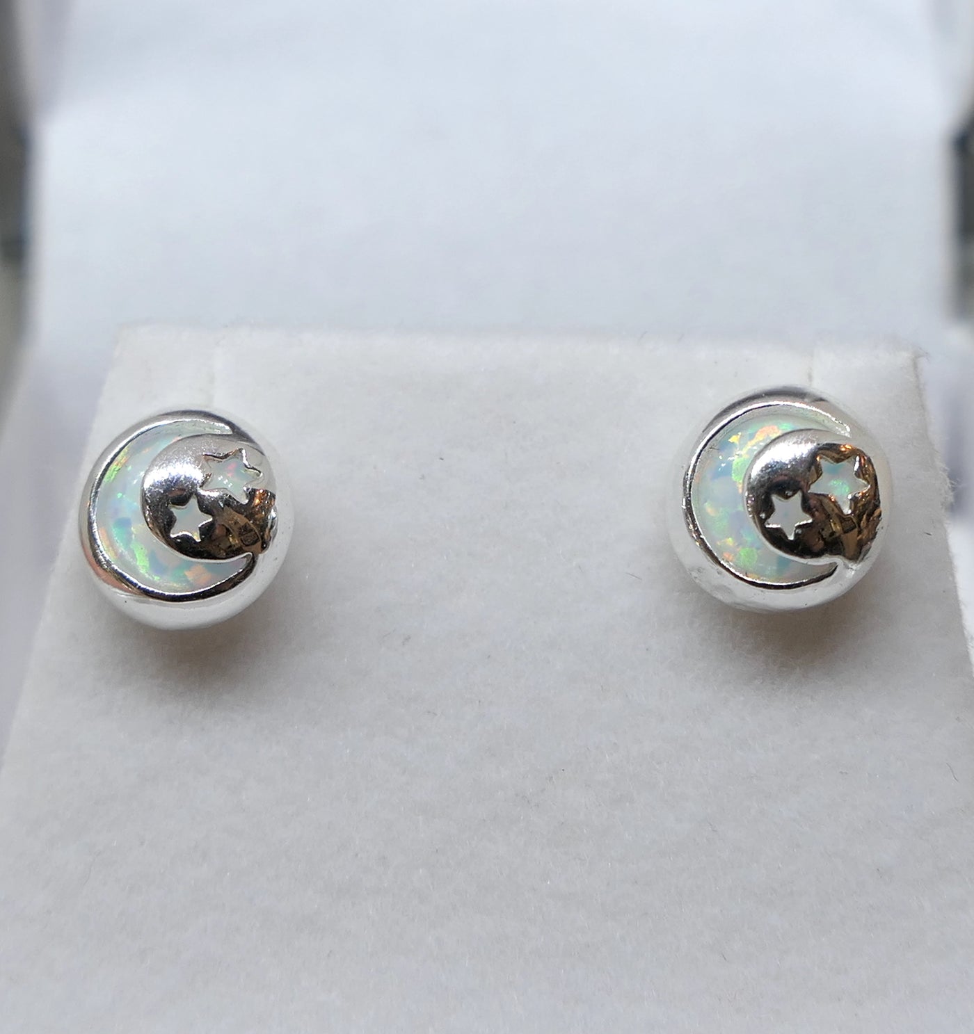 White Opal Moon & Star Dome Stud Earrings