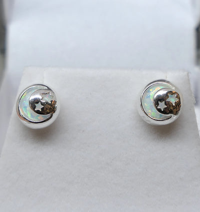 White Opal Moon & Star Dome Stud Earrings