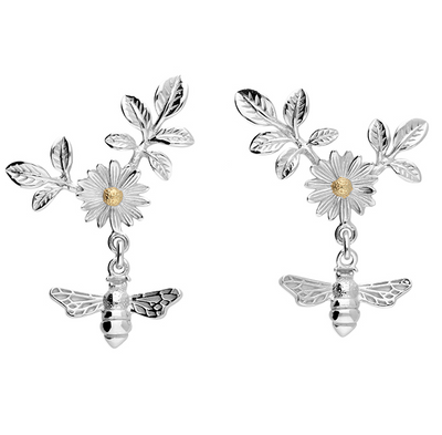 silver and gold bee and daisy ear climber stud earrings