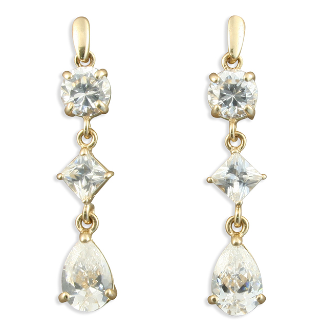 Gold Triple Crystal Drop Stud Earrings