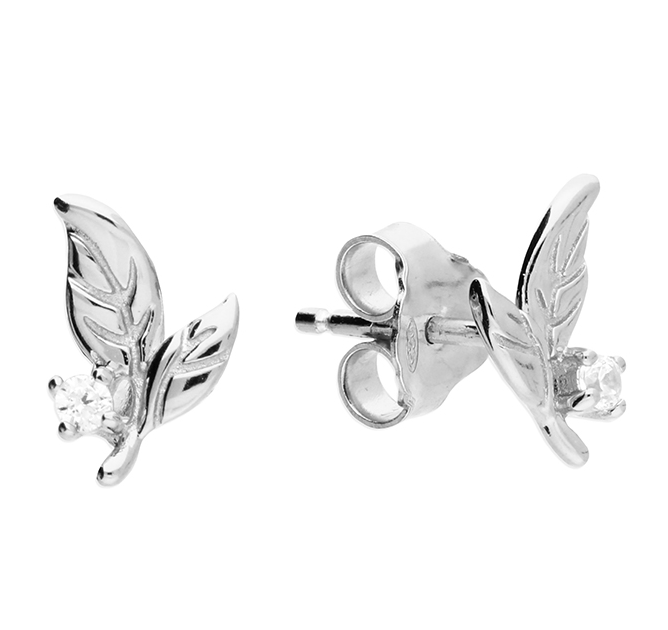 Silver Crystal Leaves Stud Earrings