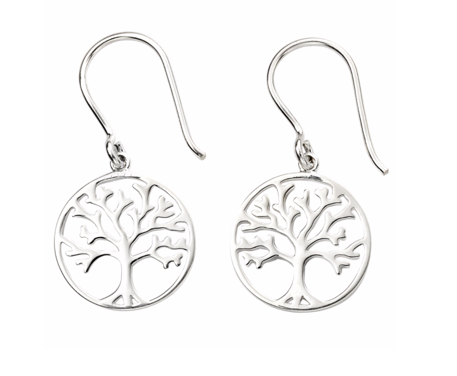 Silver Tree Disc Drop Earrings