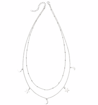 Silver Star & Moon Double Row Necklace