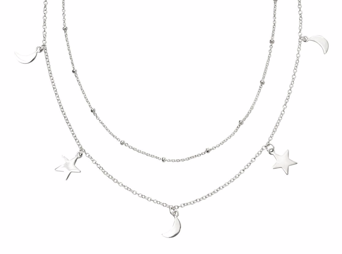 Silver Star & Moon Double Row Necklace