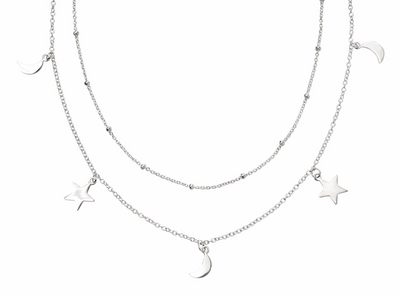 Silver Star & Moon Double Row Necklace