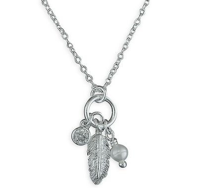 Silver Feather CZ & Pearl Charm Pendant