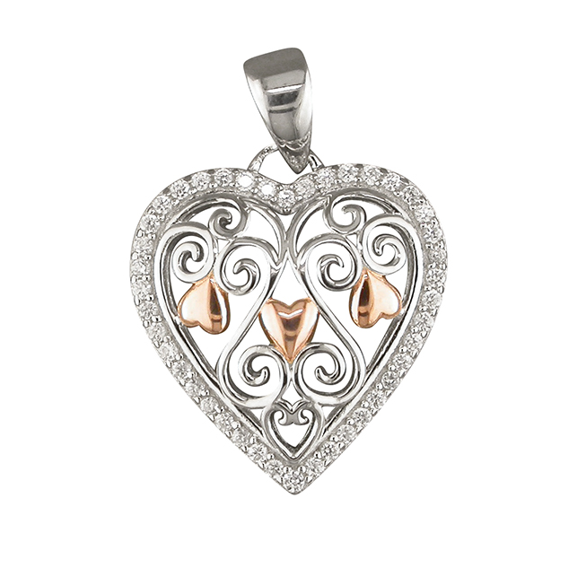 Silver & Rose Gold CZ Heart Pendant