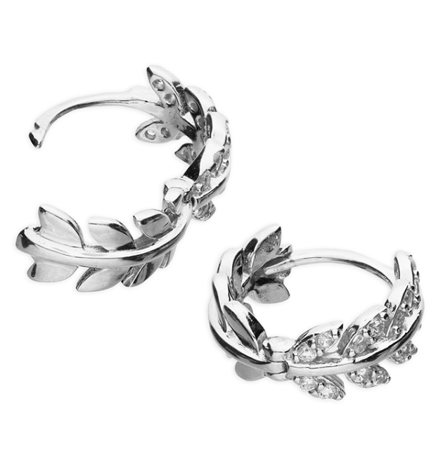 Silver CZ Fern Leaf Huggie Hoop Earrings