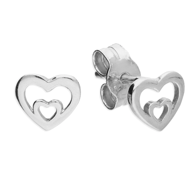 Silver Double Heart Stud Earrings