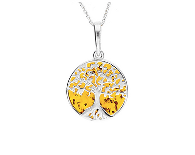 silver tree if life pendant set with amber