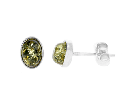 Green Amber Small Oval Stud Earrings