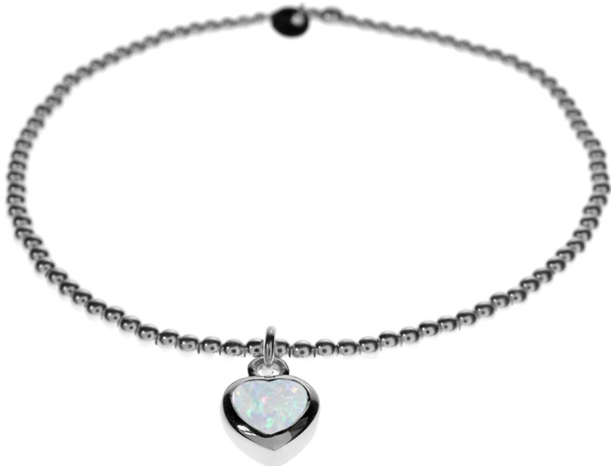 silver bead stretch bracelet with white opal heart charm