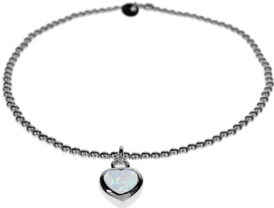 silver bead stretch bracelet with white opal heart charm