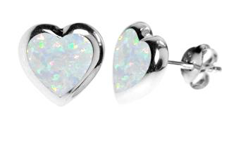 silver & white opal heart stud earrings