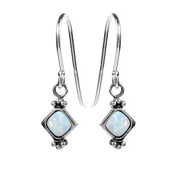 silver & white opal square vintage design drop earrings