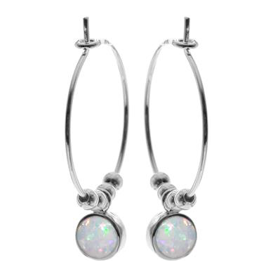 Silver hoop earrings with silver beads & a round drop opal