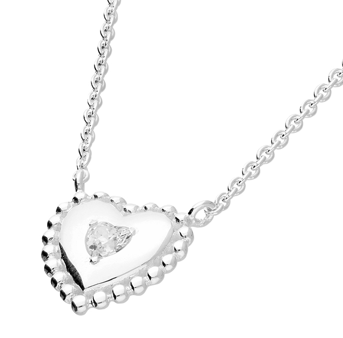 silver cz heart necklace with beaded edge