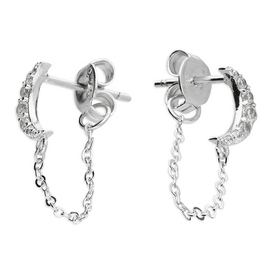 silver cz moon stud earrings with linked chain