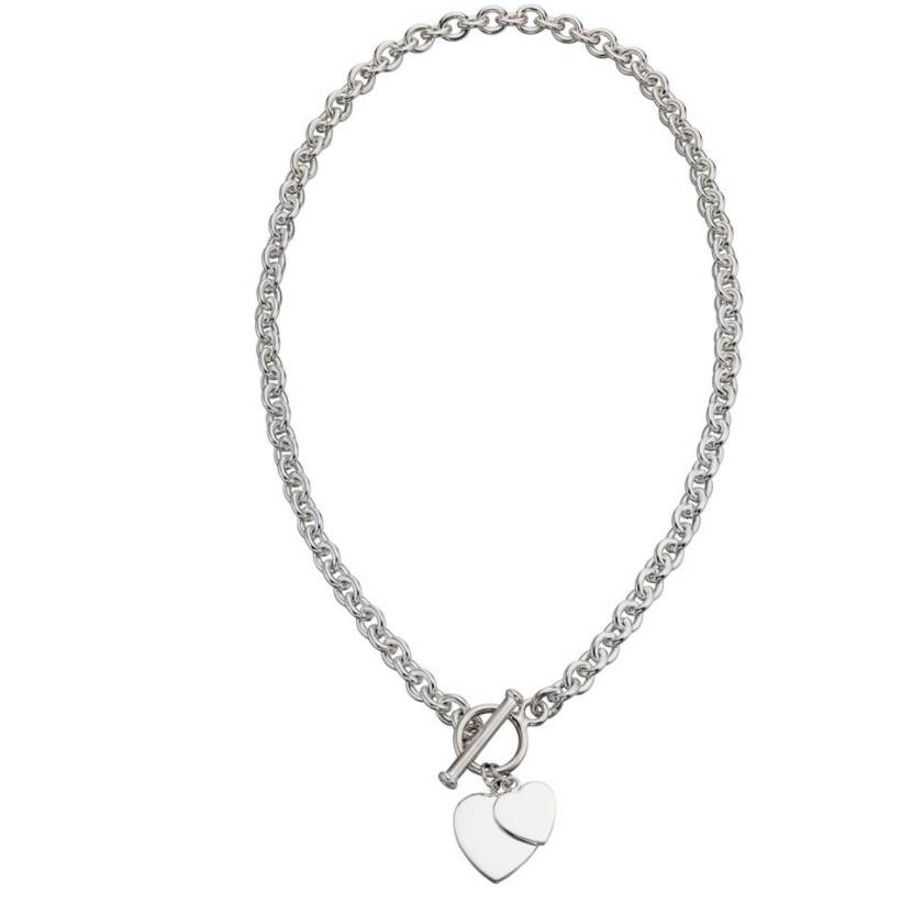 silver double heart t-bar engravable necklace