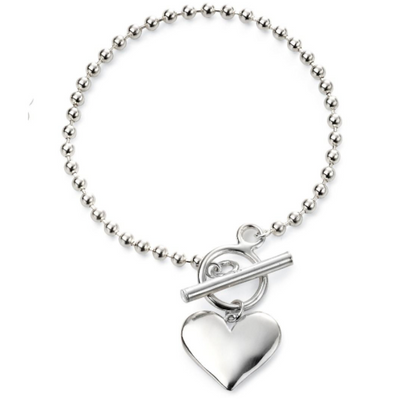 silver ball chain bracelet with tbar fastening and egravable heart charm