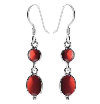 silver double garnet stone drop earrings