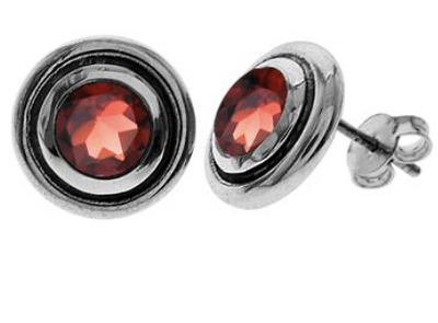 silver Round Garnet Double Surround Stud Earrings