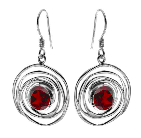 silver Round Garnet Circles Drop Earrings