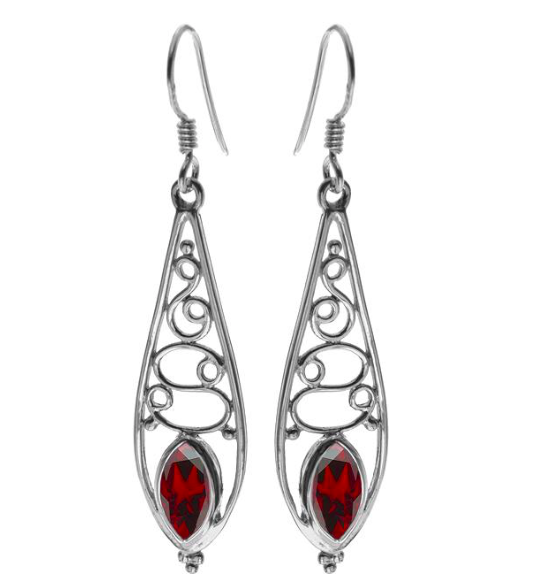 silver Long Fancy Garnet Drop Earrings