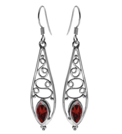 silver Long Fancy Garnet Drop Earrings