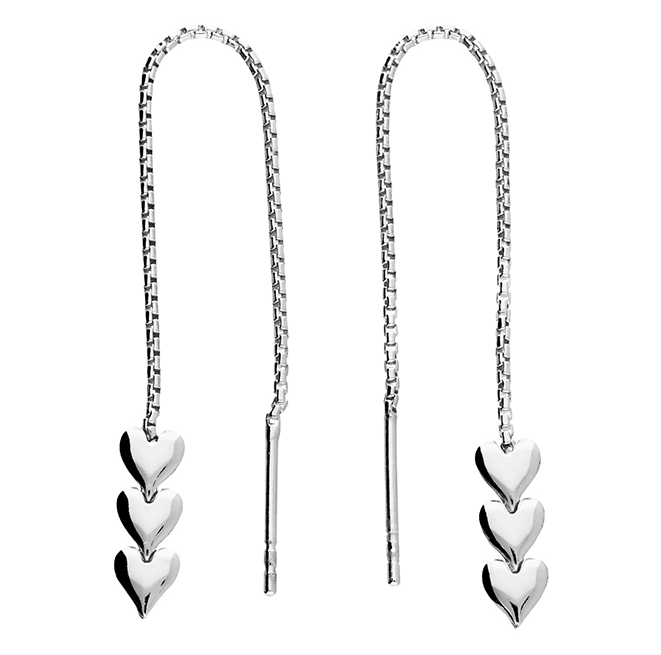 long silver pull through heart earrings