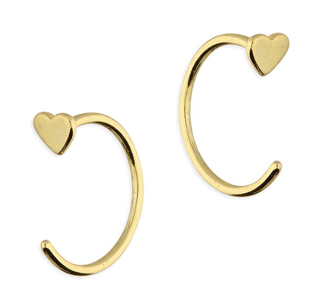 yellow gold half hoop heart pull through earrings