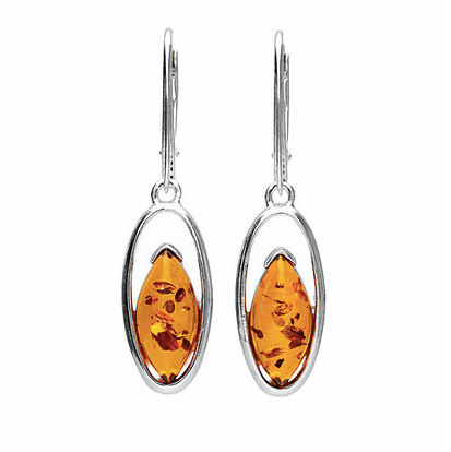 Silver Oval Amber Drop Earrings