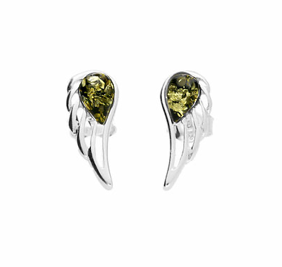 Green Amber Angel Wing Stud Earrings
