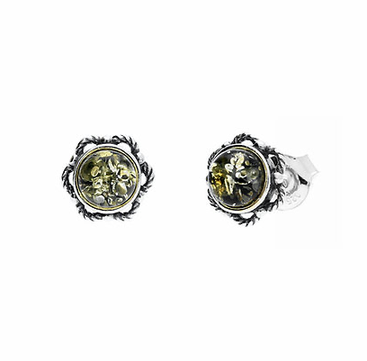 Green Amber Flower Stud Earrings