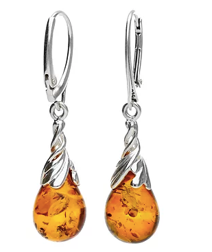 Long Cognac Amber and Silver Teardrop Earrings.