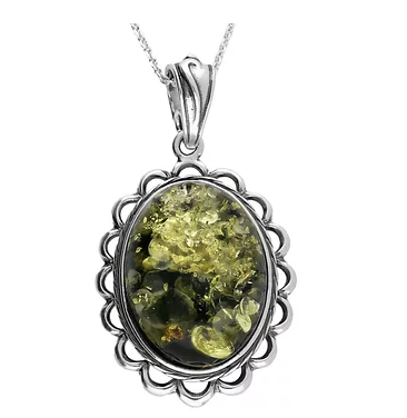 Green Amber and Silver Pendant